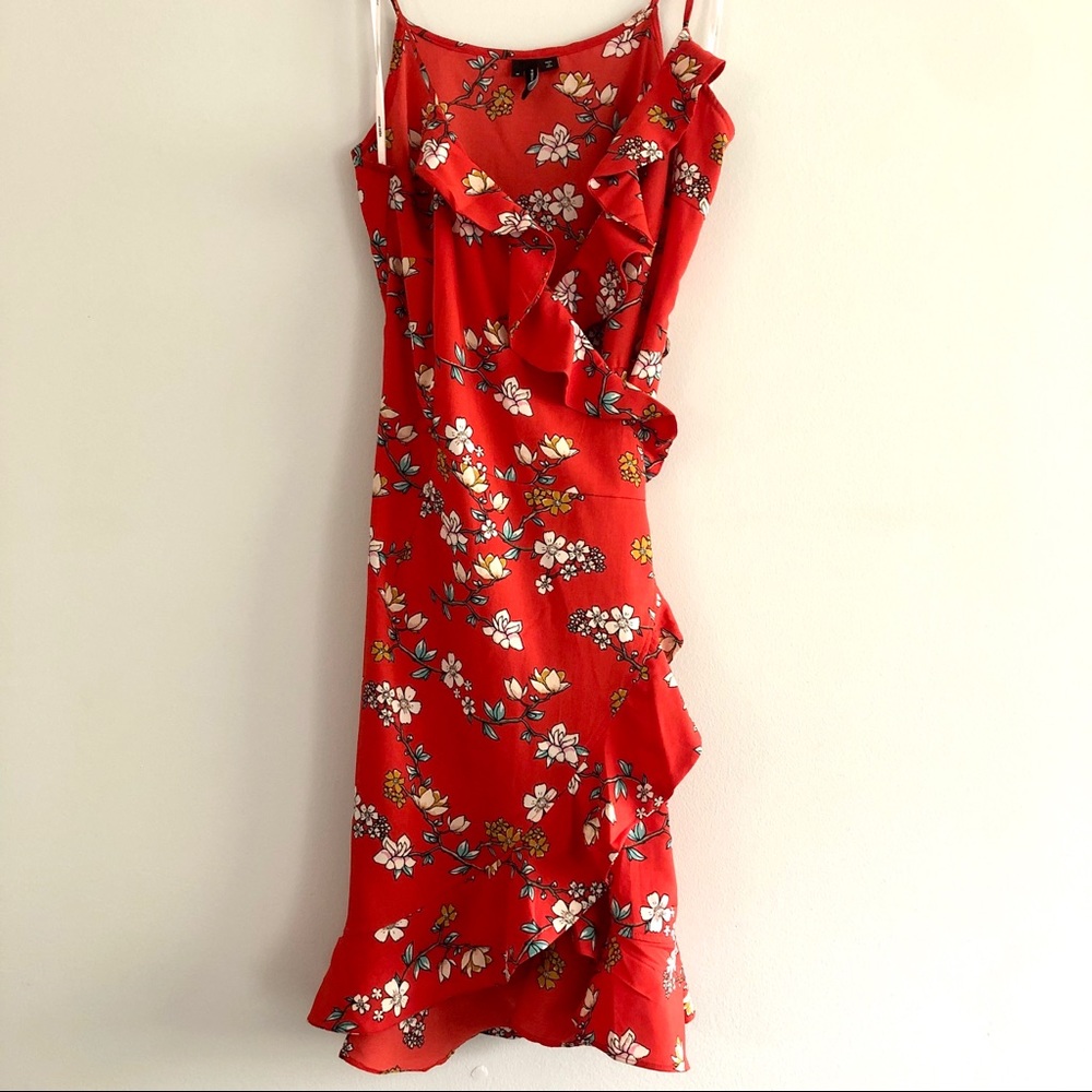 Red floral print wrap dress